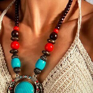 Vintage Style Geometric Turquoise Chunky Pendant Necklace
